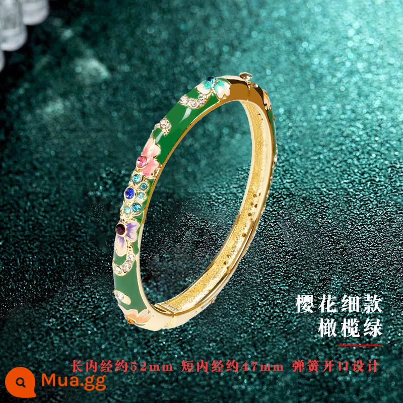 Vòng Tay Cloisonne Bắc Kinh Retro Cung Điện Quốc Triều Mỹ Vòng Tay Nữ Phong Cách Trung Hoa Trang Sức Hanfu Phụ Kiện Cho Bạn Gái - Vòng tay mỏng hình bầu dục một lớp màu xanh ô liu Sakura lãng mạn