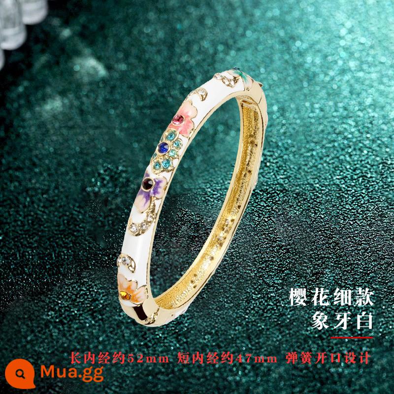 Vòng Tay Cloisonne Bắc Kinh Retro Cung Điện Quốc Triều Mỹ Vòng Tay Nữ Phong Cách Trung Hoa Trang Sức Hanfu Phụ Kiện Cho Bạn Gái - Vòng tay mỏng hình bầu dục một lớp màu trắng ngà lãng mạn Sakura