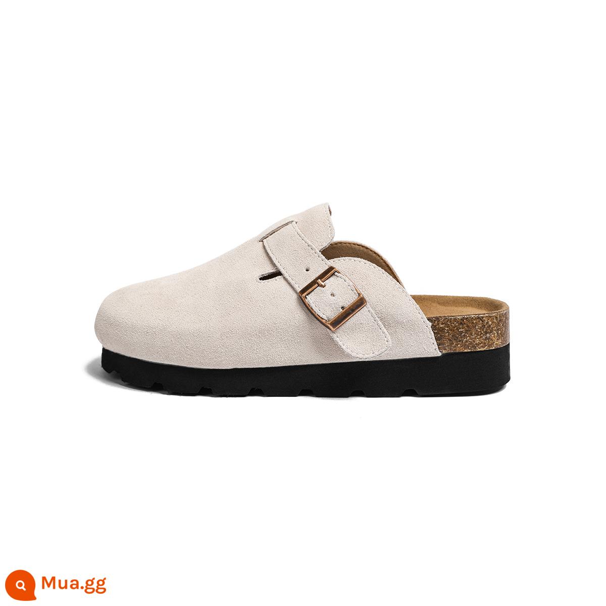 Nhung Birkenstock Giày Cho Nữ 2023 Mới Mùa Đông Ngoài Trời Ấm Lông Giày Dày-Đế Trơn Mũi-nắp dép Bông - Lớp lót nửa trượt màu trắng nhạt-đáy 4,5CM [da bò mềm cao cấp]