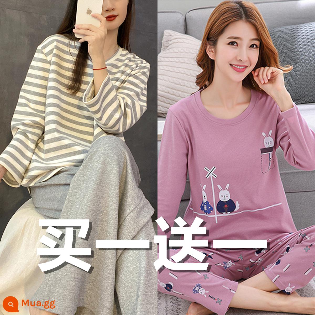 Bộ Đồ Ngủ Xuân Thu Nữ 2023 Mới Nguyên Chất Cotton Dài Tay Mỏng Ngọt Ngào Mùa Thu Đông Mặc Mặc Ở Nhà Bộ Quần Áo - JW41176+Đôi Thỏ