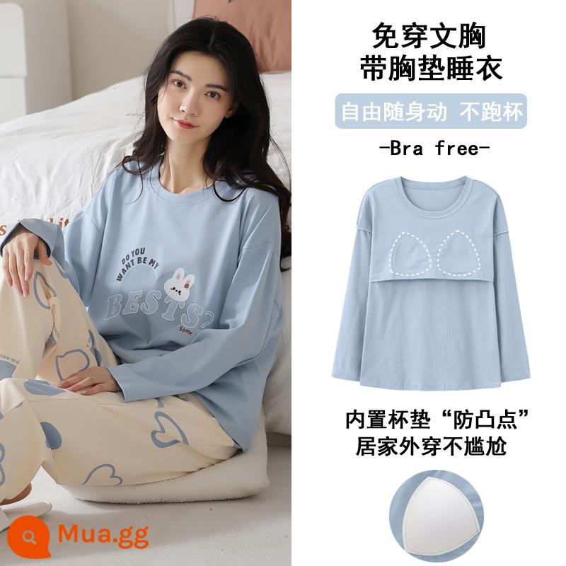 Bộ đồ ngủ cotton nguyên chất Nanjiren dành cho nữ xuân thu dài tay 2023 phong cách mới có miếng đệm ngực có thể mặc bên ngoài Bộ quần áo ở nhà - Thỏ Aquamarine 8764