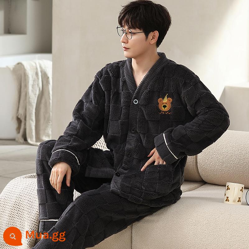 Nanjiren Pyjama Nam Lông Cừu San Hô Plus Nhung Dày Dặn Bộ Đồ Phục Vụ Tại Nhà Có Thể Mặc Ra Ngoài Vào Mùa Đông 2022 Phong Cách Mới - Bàn cờ màu xám đậm 242