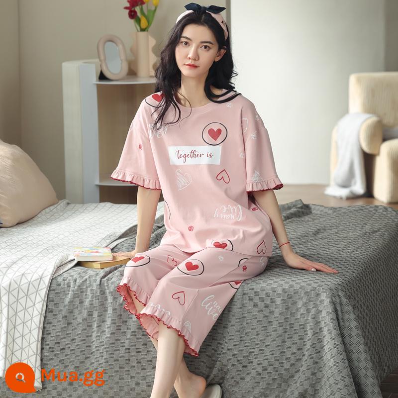 Bộ đồ ngủ bằng cotton nguyên chất Nanjiren dành cho nữ mùa hè ngắn tay bảy điểm Bộ đồ phục vụ tại nhà cho nữ 2023 mỏng mùa hè mới - Đào Chi Yaoyao 7052