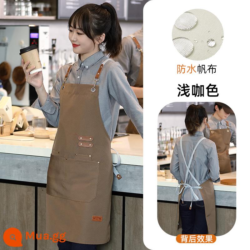 Vải tạp dề in logo tùy chỉnh phục vụ nhà hàng shop hoa quán trà sữa siêu thị phòng ăn chống thấm quần áo làm việc chuyên dụng - Tạp dề chống nước vải canvas màu nâu nhạt FM181 (khóa kim loại)