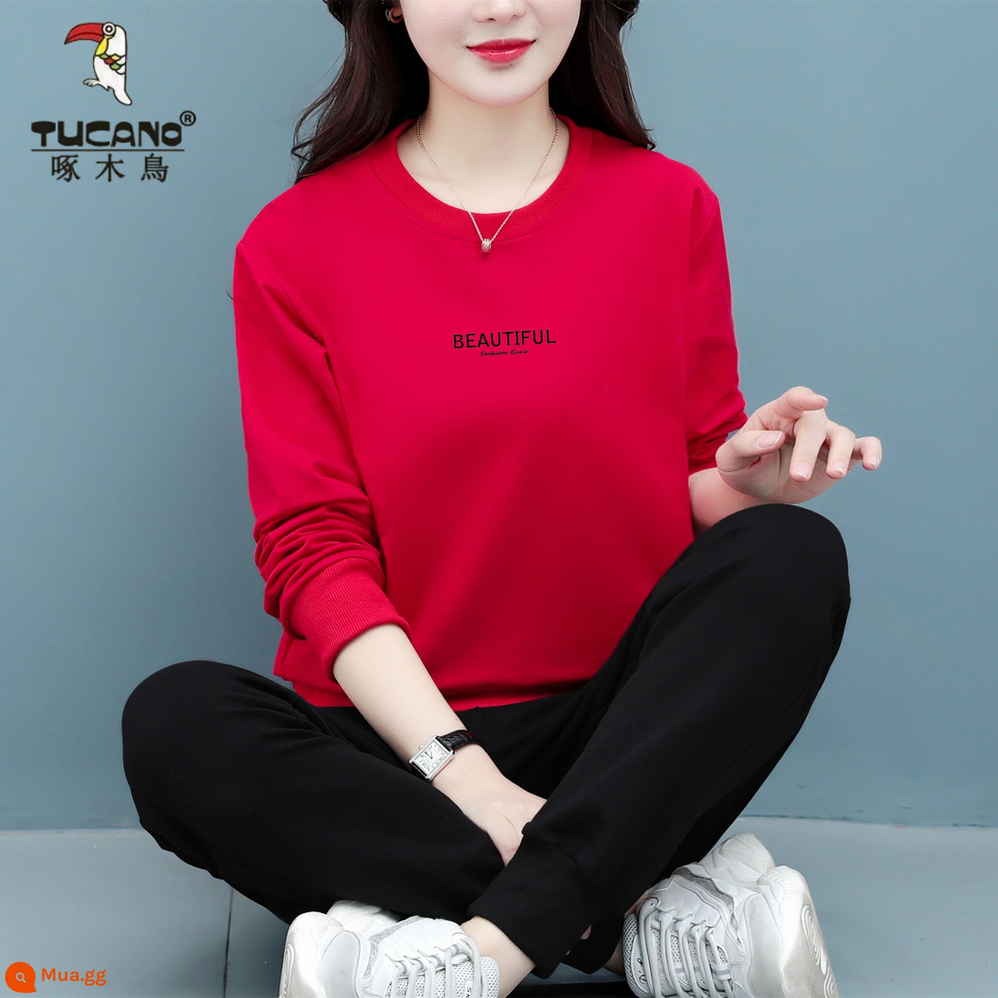 Bộ đồ thể thao cotton cao cấp hàng hiệu dành cho nữ mùa xuân thu đông thời trang mới size lớn của mẹ Bộ đồ hai mảnh dài tay thường ngày - Màu đỏ không nhung [bộ hai món]