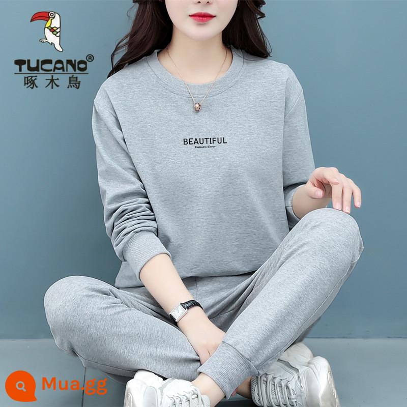 Bộ đồ thể thao cotton cao cấp hàng hiệu dành cho nữ mùa xuân thu đông thời trang mới size lớn của mẹ Bộ đồ hai mảnh dài tay thường ngày - Xám không nhung [bộ hai món]