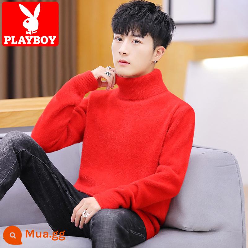 Playboy Chồn Nhung Áo Len Cao Cổ Nam Xu Hướng Xuân Thu Bên Trong Áo Len Plus Nhung Dày Ấm Dệt Kim - 742 cao cổ màu đỏ