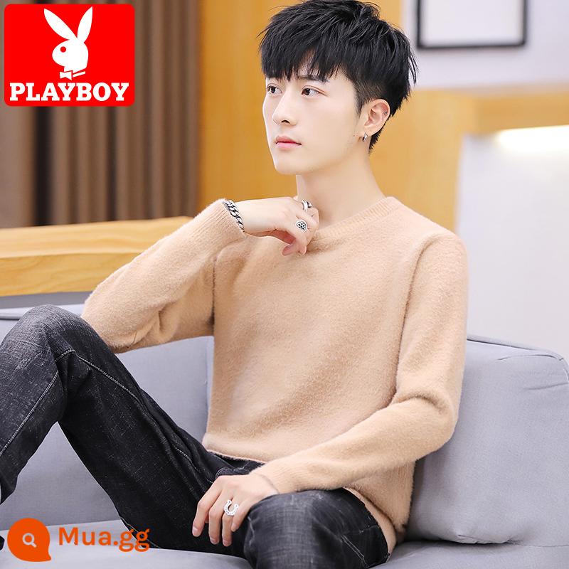 Playboy Chồn Nhung Áo Len Cao Cổ Nam Xu Hướng Xuân Thu Bên Trong Áo Len Plus Nhung Dày Ấm Dệt Kim - kaki cổ tròn 740