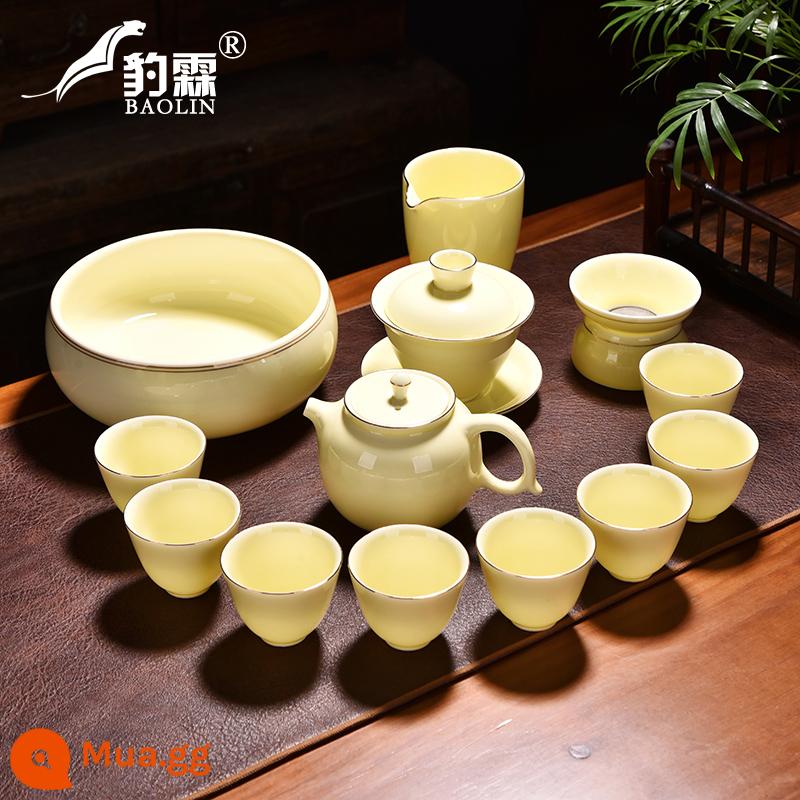 Bộ ấm trà Gaiwan nhà nhẹ sang trọng Kung Fu Hộp quà tặng cao cấp Gaiwan suet ngọc topaz bộ văn phòng - Cốc Zhongli 14 đầu mạ vàng đá quý (kèm nồi+bát đậy+2 cốc+nước rửa trà)