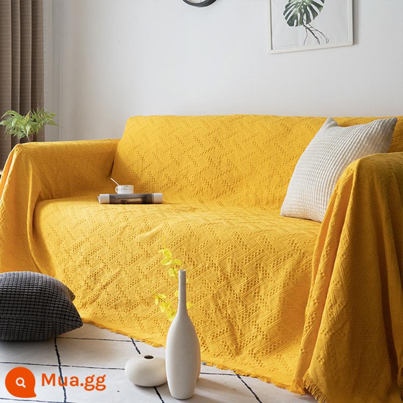 Vải lanh cotton sofa khăn đơn giản bọc ghế sofa bốn mùa đa năng đệm sofa chống mèo trầy xước có thể giặt bằng máy phong cách Bắc Âu - Lưới hình chữ T màu vàng