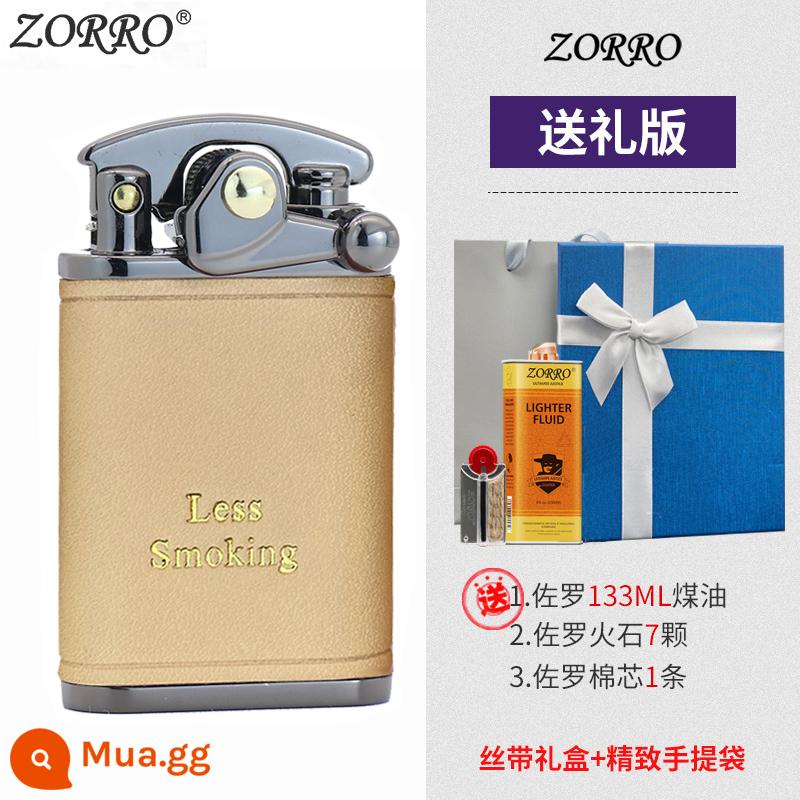 Zorro đính đá cánh tay bật lửa dầu hỏa nam Retro sáng tạo da cao cấp cá tính nhỏ đá mài cho bạn trai - Phiên bản hộp quà bằng da màu đen Niken nguyên bản (Phiên bản dài)