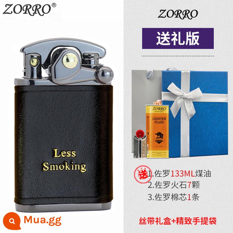 Zorro đính đá cánh tay bật lửa dầu hỏa nam Retro sáng tạo da cao cấp cá tính nhỏ đá mài cho bạn trai - Phiên bản hộp quà da đen Niken đen (Phiên bản dài)