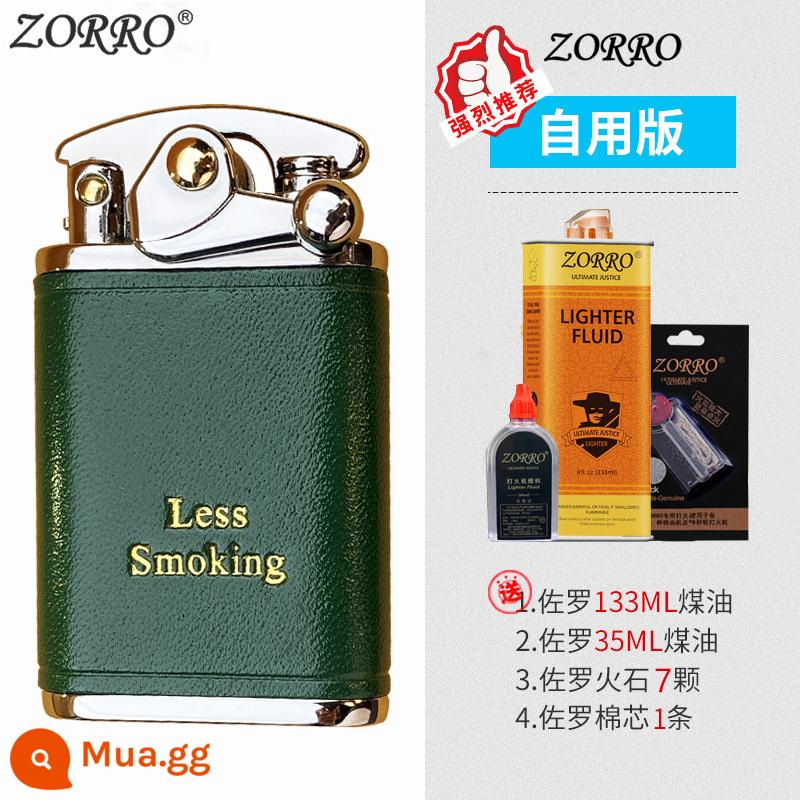 Zorro đính đá cánh tay bật lửa dầu hỏa nam Retro sáng tạo da cao cấp cá tính nhỏ đá mài cho bạn trai - Phiên bản da xanh niken trắng dành cho cá nhân (phiên bản dài)