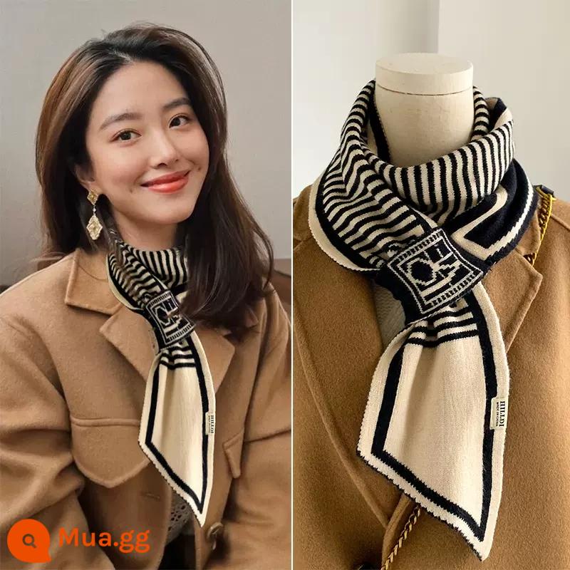 Khăn quàng bảo vệ cổ nhỏ cho nữ mùa đông 2023 mùa xuân thu mới houndstooth khí chất đốt sống cổ đa năng cổ khăn quàng cổ lười - Khăn choàng nhỏ sọc hình học - be đen