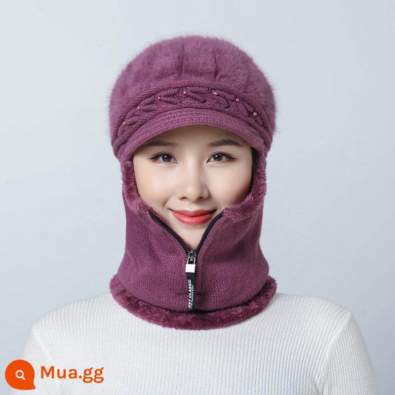 Mũ dành cho nữ, áo hoodie mùa đông, bà mẹ trung niên và người già, mũ len dày nhung, bà đi xe đạp mũ và khăn quàng cổ chống gió ấm áp - 1915 da đỏ đậm