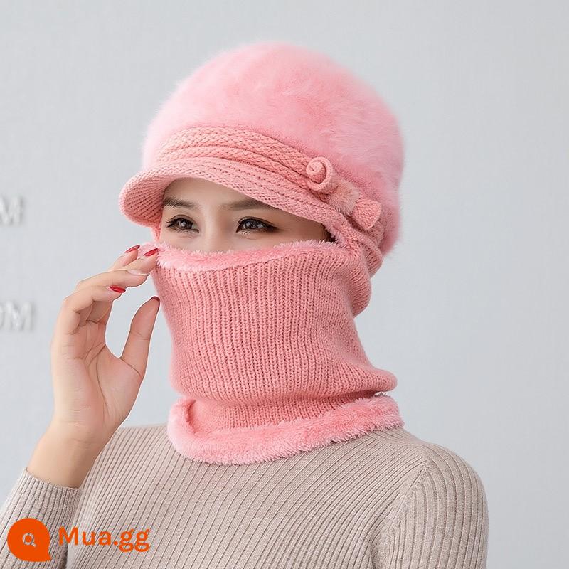 Mũ dành cho nữ, áo hoodie mùa đông, bà mẹ trung niên và người già, mũ len dày nhung, bà đi xe đạp mũ và khăn quàng cổ chống gió ấm áp - Hồng