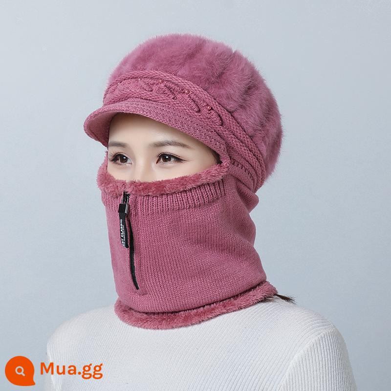 Mũ dành cho nữ, áo hoodie mùa đông, bà mẹ trung niên và người già, mũ len dày nhung, bà đi xe đạp mũ và khăn quàng cổ chống gió ấm áp - 1915 da màu hồng