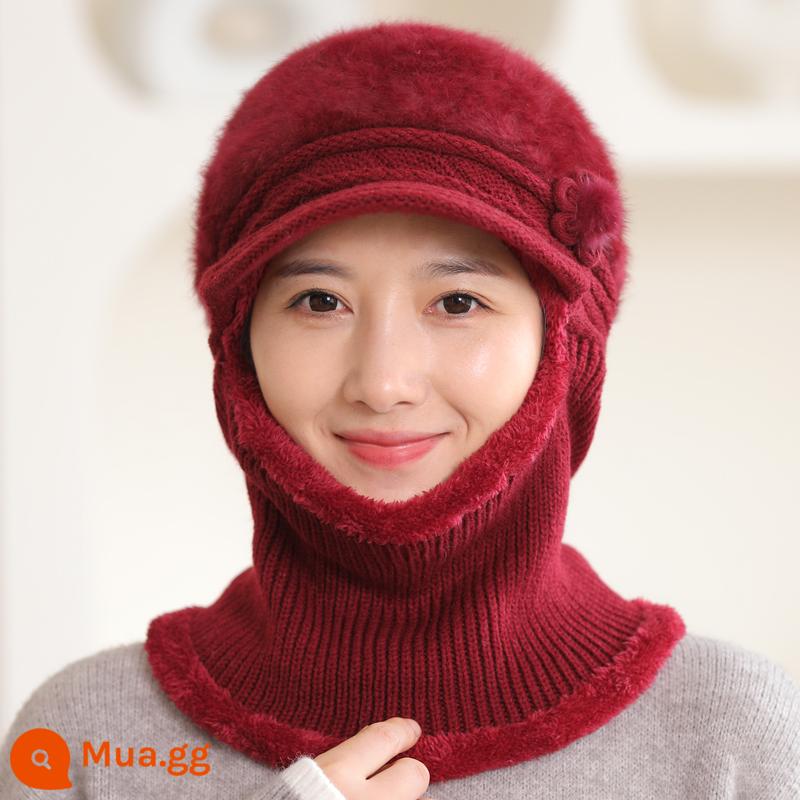 Mũ dành cho nữ, áo hoodie mùa đông, bà mẹ trung niên và người già, mũ len dày nhung, bà đi xe đạp mũ và khăn quàng cổ chống gió ấm áp - đỏ sẫm