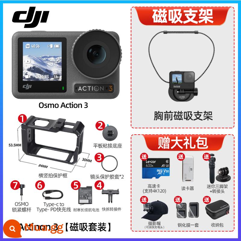 DJI Osmo Action 3 thời lượng pin dài Camera thể thao HD 4K camera gắn trên đầu - Model tiêu chuẩn Action3 [Khung ngực từ tính] + Gói quà tặng