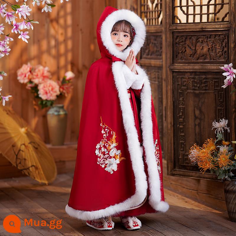 Hanfu bé gái phong cách mùa đông Năm mới trang phục cổ xưa dành cho trẻ em Quần áo thu đông Tết Nguyên Đán mùa đông Bộ đồ Đường 2023 phong cách dân tộc mới Quần áo chúc mừng năm mới - Áo choàng dày chần bông màu đỏ