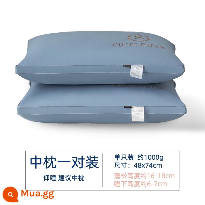 Gối cotton kháng khuẩn lõi gối hai người 1 hộ gia đình không xẹp khách sạn gối đơn nam trái tim cả đầu gối cao thấp - Gối thêu xanh cỡ vừa [đôi, vải 100% cotton]