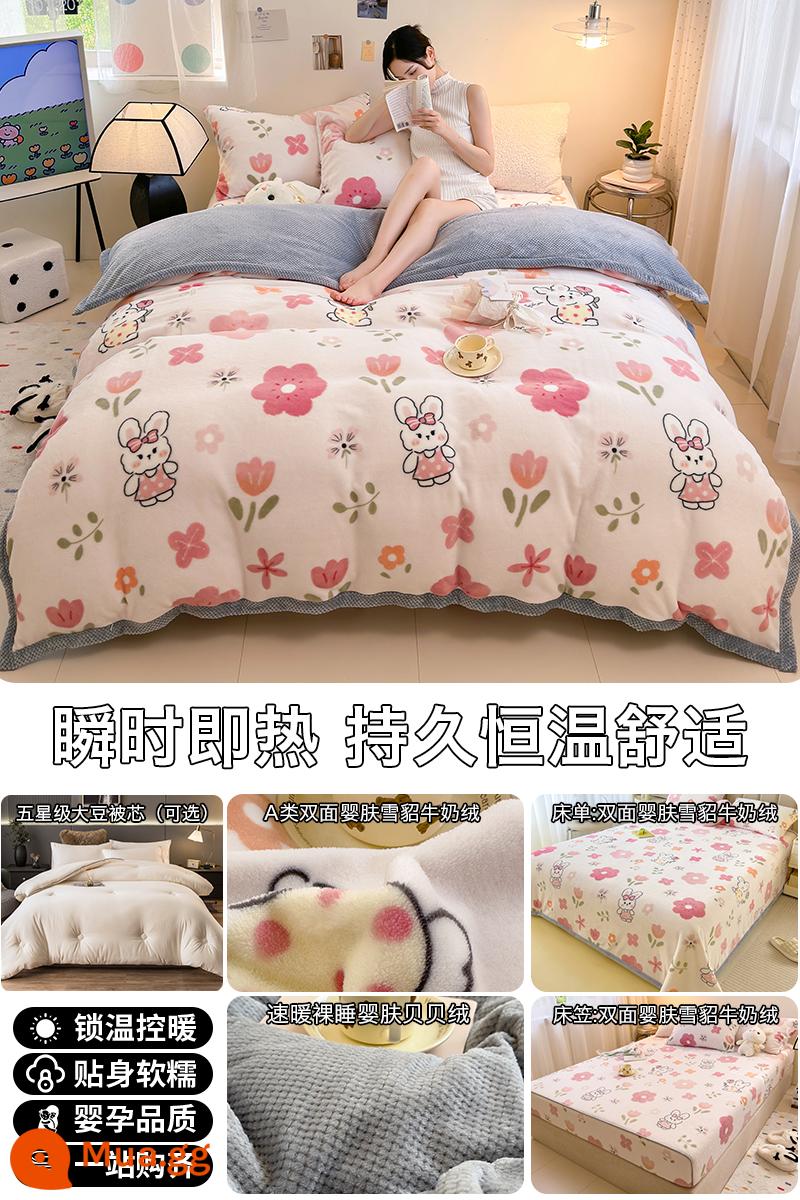 Giường sang trọng sữa flannel nhung bốn mảnh mùa đông 2022 chăn mùa đông 180 × 220 hợp thời trang mới - ✅Đã kiểm tra chất lượng [Bột thỏ dễ thương] Mèo hai mặt vuốt ve với cảm giác mượt mà