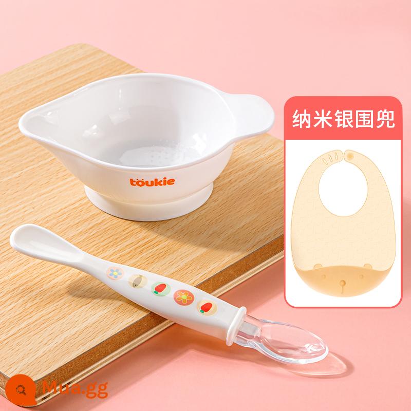 Bộ thìa ăn dặm cho bé sơ sinh Muỗng silicone đặc biệt không đựng thức ăn chủ yếu bát ăn nước cho bé bú mẹ thìa mềm sơ sinh thìa hai đầu - Bộ 3 món: bát ăn + thìa 2 đầu + yếm nano bạc