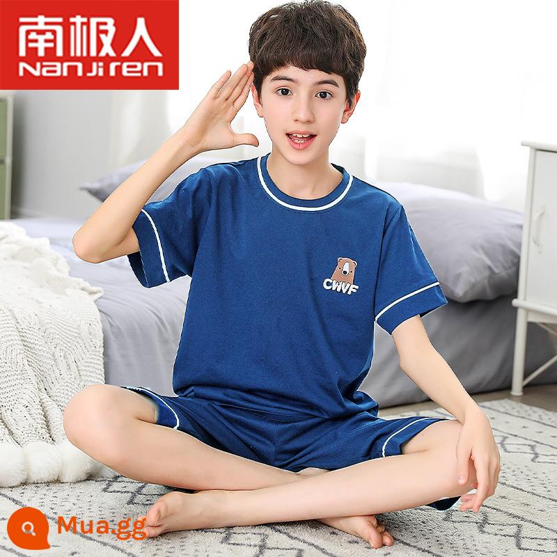 Bộ đồ ngủ trẻ em bé trai cotton ngắn tay mùa hè phần mỏng bé trai 12-15 tuổi trung và lớn phù hợp với dịch vụ gia đình mùa hè - Màu xanh denim