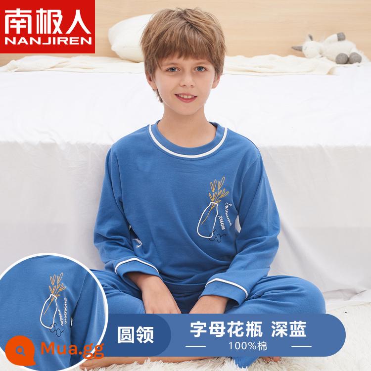 Bộ đồ ngủ trẻ em Nanjiren bé trai cotton dài tay mùa thu mỏng phần bé trai trung và lớn bé phục vụ tại nhà phù hợp với mùa hè - Bình chữ cái màu xanh đậm