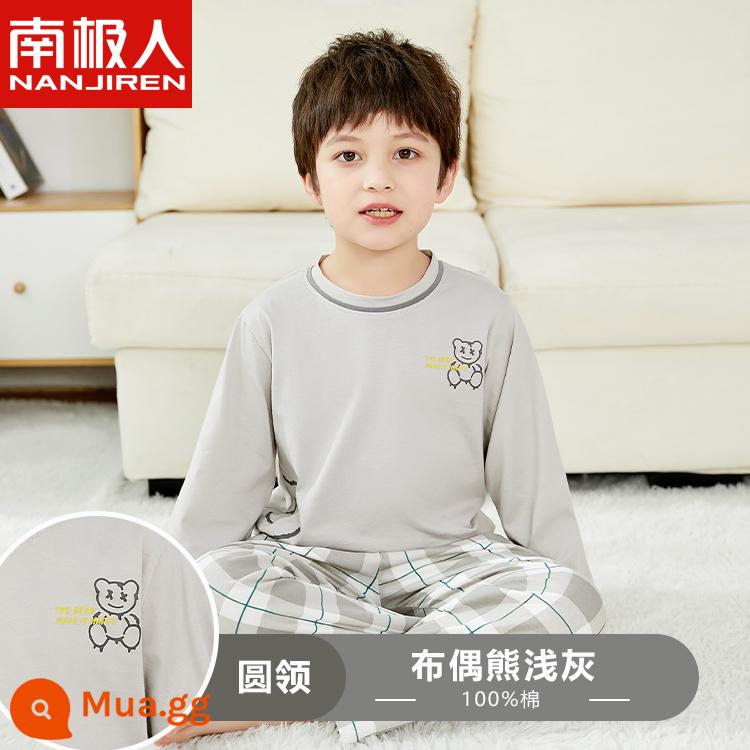 Bộ đồ ngủ trẻ em Nanjiren bé trai cotton dài tay mùa thu mỏng phần bé trai trung và lớn bé phục vụ tại nhà phù hợp với mùa hè - Gấu Ragdoll màu xám nhạt