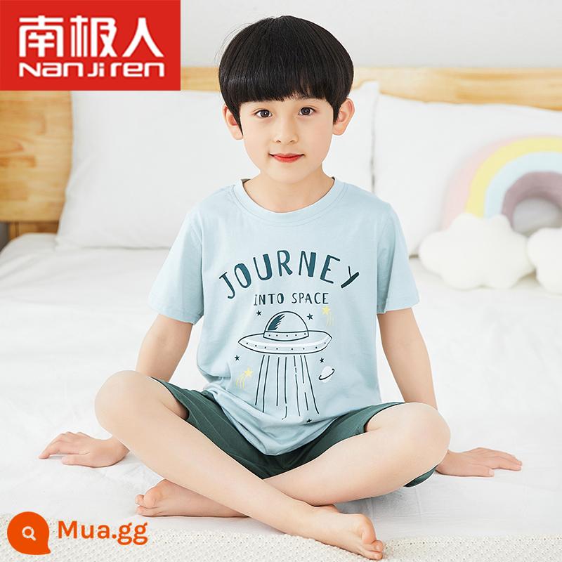 Bộ đồ ngủ trẻ em bé trai cotton ngắn tay mùa hè phần mỏng bé trai 12-15 tuổi trung và lớn phù hợp với dịch vụ gia đình mùa hè - Tàu vũ trụ tay ngắn màu xanh nhạt