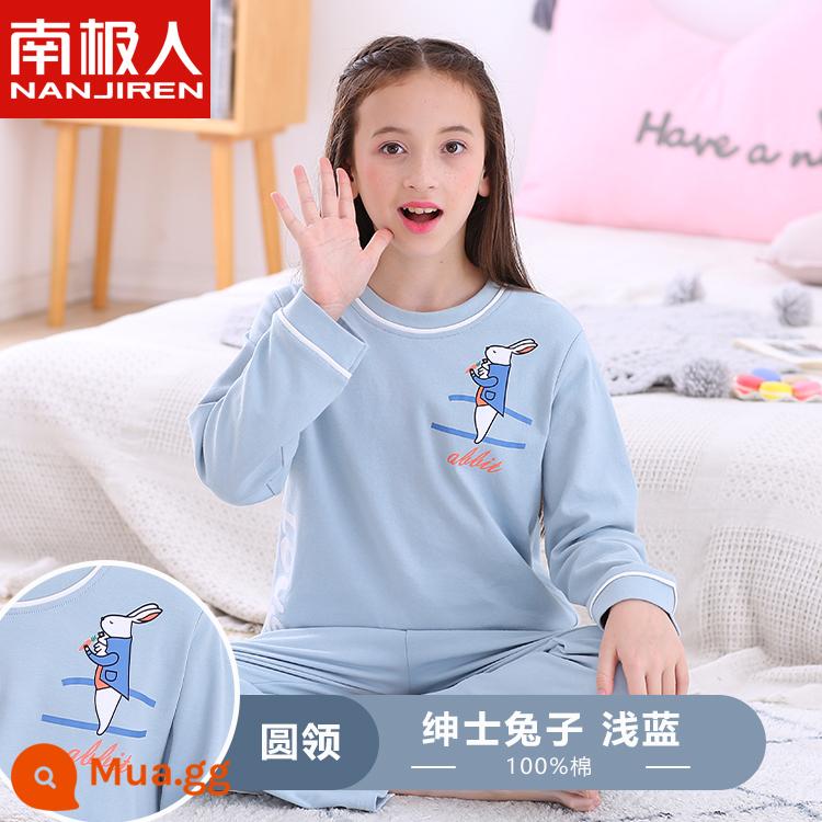 Bộ đồ ngủ trẻ em Nanjiren bé trai cotton dài tay mùa thu mỏng phần bé trai trung và lớn bé phục vụ tại nhà phù hợp với mùa hè - Quý ông Thỏ màu xanh nhạt