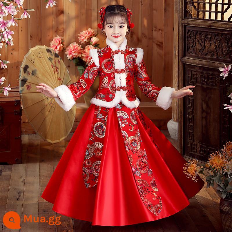 Quần áo năm mới cho bé gái Tang phù hợp với phong cách Trung Quốc Hanfu quần áo mùa đông Váy sườn xám năm mới của trẻ em Quần áo năm mới của bé gái trang phục cổ mùa đông - 8927 màu đỏ cộng với nhung