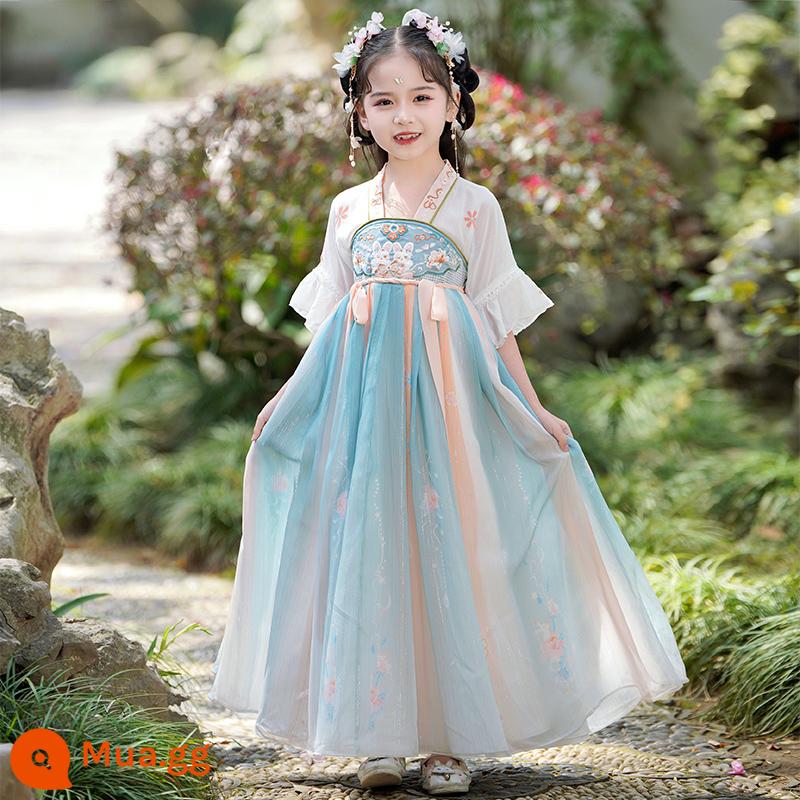 Váy Hanfu mùa hè cho bé gái mùa hè 2023 phong cách mới kiểu cổ siêu váy trẻ em cổ tích bé gái trang phục cổ Đường phù hợp với - "Thỏ ánh trăng" màu xanh