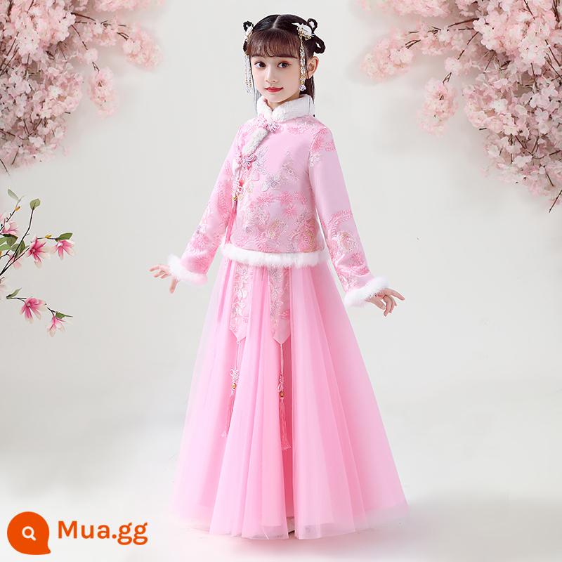 Váy Hanfu trẻ em cho bé gái mùa thu và mùa đông Cổ áo mùa thu Váy mùa đông siêu cổ tích Quần áo trẻ em phong cách Trung Hoa Bộ đồ mùa đông cho bé gái Tang - sang trọng màu hồng