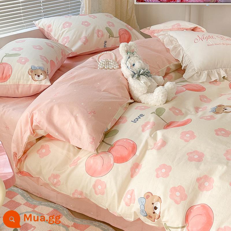 Hoạt Hình Bộ 4 Món Cotton 100 Cotton Vỏ Chăn Ga Giường Lưới Đỏ Ký Túc Xá Sinh Viên Giường 3 Món Bộ Vỏ Chăn Ins Phong Cách - Kem Anh Đào Gấu [Cotton]