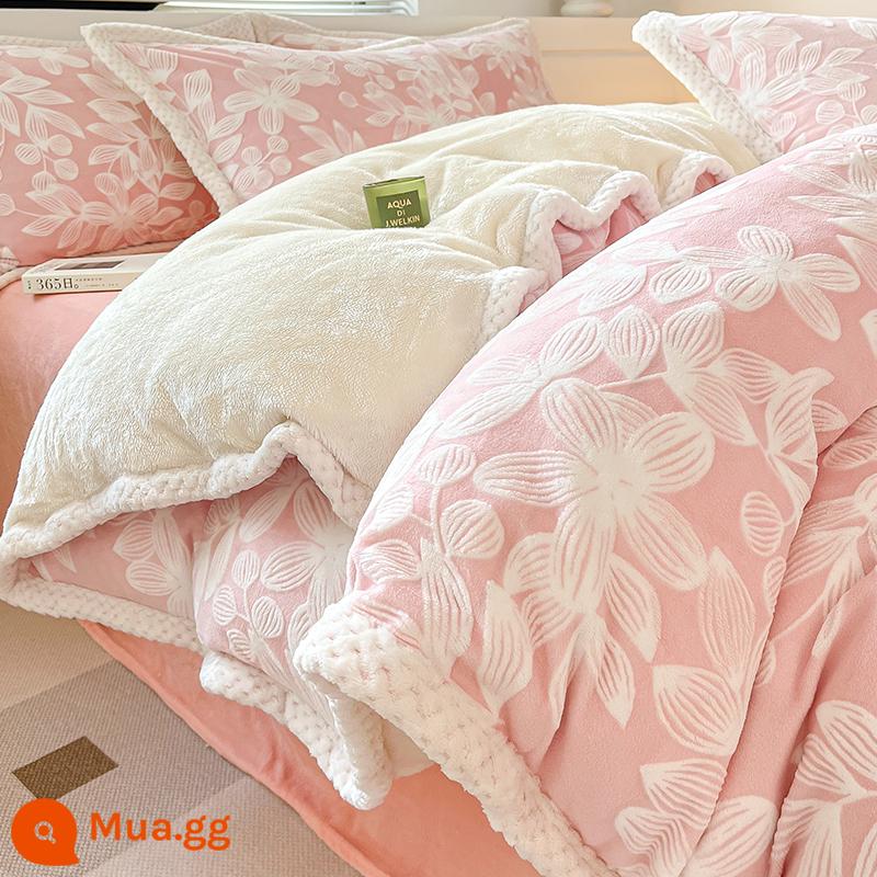 Mùa đông chạm khắc nhung thỏ giường bốn miếng nhung sữa dày thịt cừu nhung flannel 2 mặt vỏ chăn ga - Tình Yêu Thu Đông-Sakura Khắc Hồng Sữa Nhung