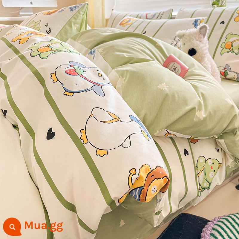 Bộ bốn mảnh giường cotton nguyên chất hoạt hình 100 cotton dễ thương Bộ đồ giường trẻ em ký túc xá sinh viên Khăn trải giường và vỏ chăn Bộ ba mảnh 4 - Gia đình hạnh phúc [100% cotton]