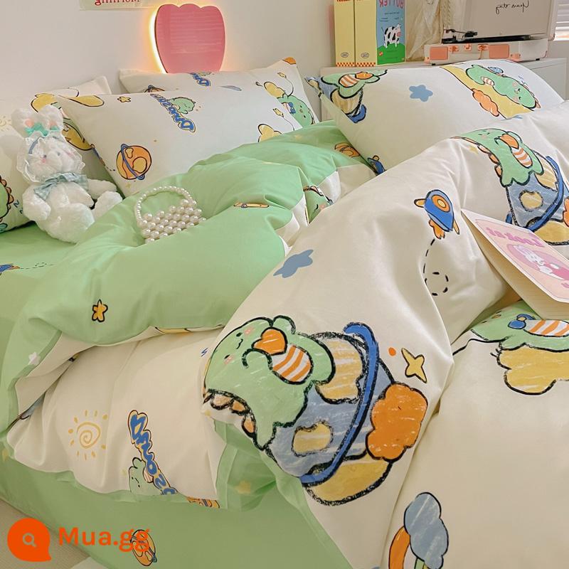 Hoạt Hình Bộ 4 Món Cotton 100 Cotton Vỏ Chăn Ga Giường Lưới Đỏ Ký Túc Xá Sinh Viên Giường 3 Món Bộ Vỏ Chăn Ins Phong Cách - Khủng Long Sao [Bông]