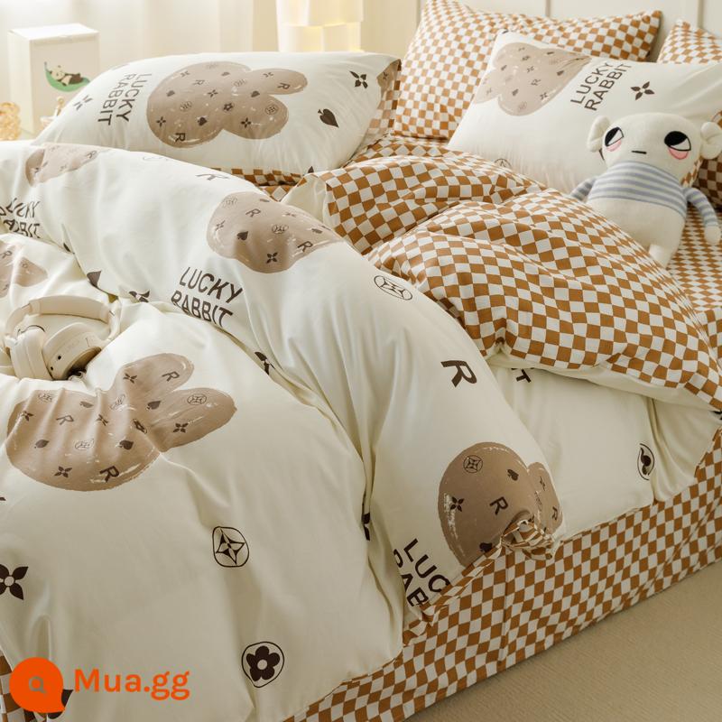 Nhỏ Tươi Ins Phong Cách 4 Bộ Giường Cotton Nguyên Chất 100 Cotton Vỏ Chăn 3 Mảnh Ga Giường Ký Túc Xá Sinh Viên bộ Chăn Ga Gối - Thỏ may mắn dễ thương [100% cotton]