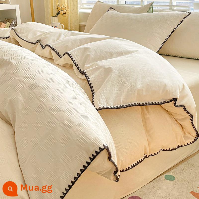 Waffle Cotton Đã Rửa Sạch Cotton Nguyên Chất 100 Giường Cotton 4 Mảnh Nhẹ Bộ Chăn Ga Gối Sang Trọng Vỏ Chăn Ga Trang Bị Tấm Bộ 3 Bộ 4 - Cappuccino-sữa lắc trắng [bánh quế bông]