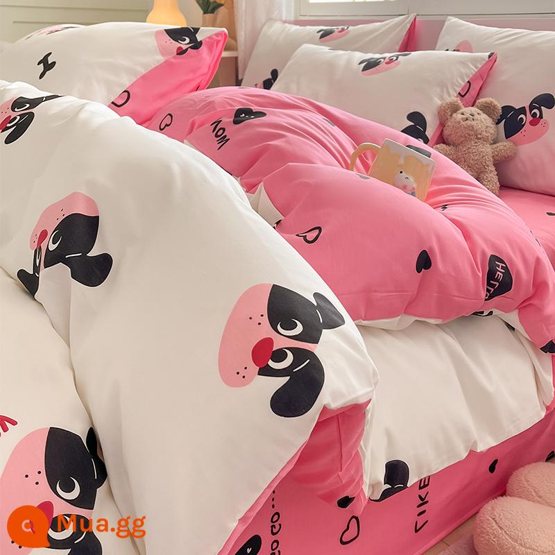 Bộ bốn mảnh giường cotton nguyên chất hoạt hình 100 cotton dễ thương Bộ đồ giường trẻ em ký túc xá sinh viên Khăn trải giường và vỏ chăn Bộ ba mảnh 4 - Hipidog [100% cotton]