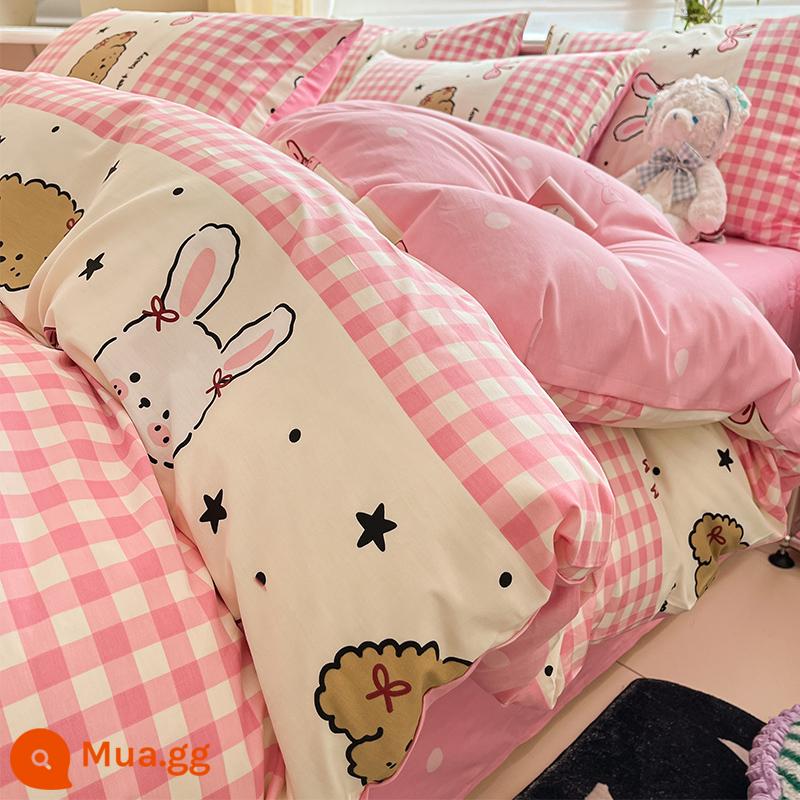 Bộ bốn mảnh giường cotton nguyên chất hoạt hình 100 cotton dễ thương Bộ đồ giường trẻ em ký túc xá sinh viên Khăn trải giường và vỏ chăn Bộ ba mảnh 4 - Hồng Yêu [100% cotton]