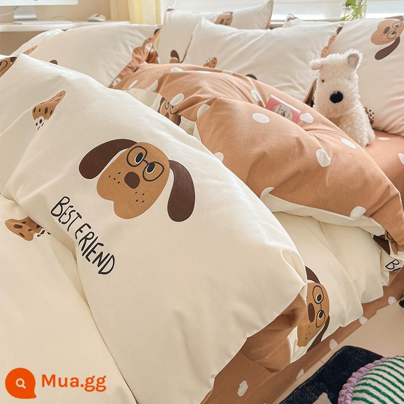 Bộ bốn mảnh giường cotton nguyên chất hoạt hình 100 cotton dễ thương Bộ đồ giường trẻ em ký túc xá sinh viên Khăn trải giường và vỏ chăn Bộ ba mảnh 4 - Bánh quy chó [100% cotton]