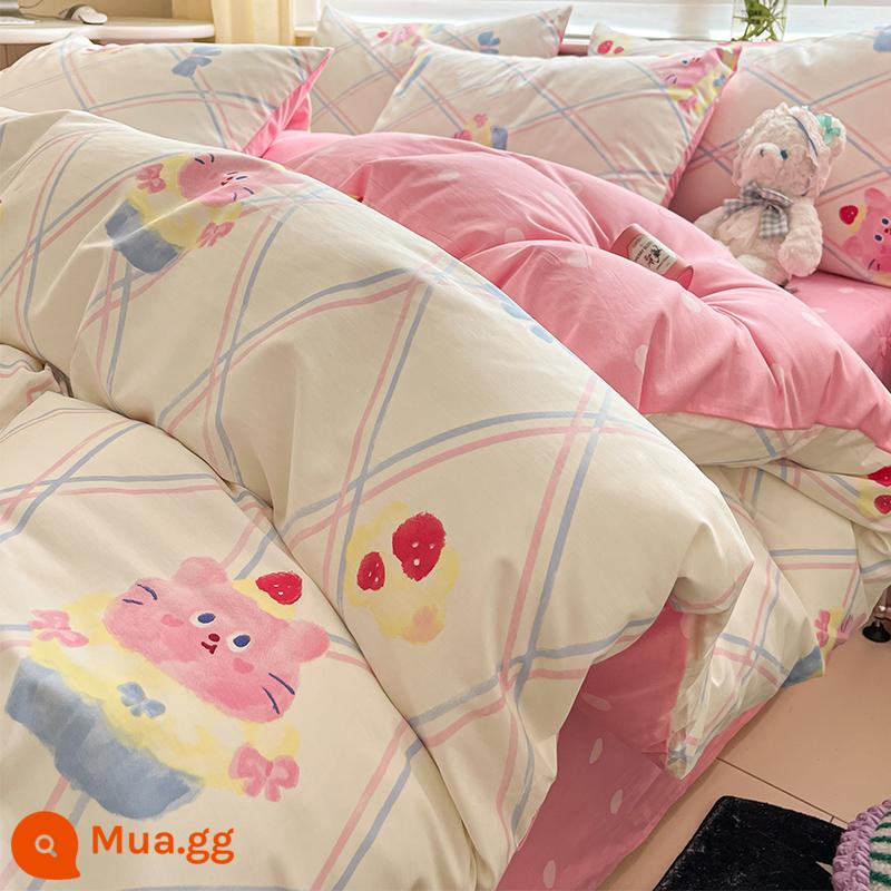 Bộ bốn mảnh giường cotton nguyên chất hoạt hình 100 cotton dễ thương Bộ đồ giường trẻ em ký túc xá sinh viên Khăn trải giường và vỏ chăn Bộ ba mảnh 4 - Bánh mèo [100% cotton]