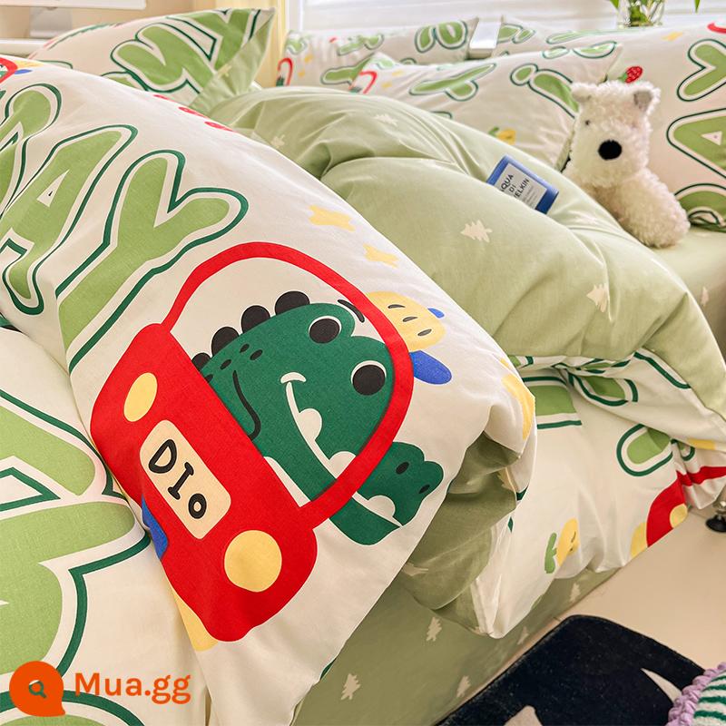 Bộ bốn mảnh giường cotton nguyên chất hoạt hình 100 cotton dễ thương Bộ đồ giường trẻ em ký túc xá sinh viên Khăn trải giường và vỏ chăn Bộ ba mảnh 4 - Khủng long ngộ nghĩnh [100% cotton]