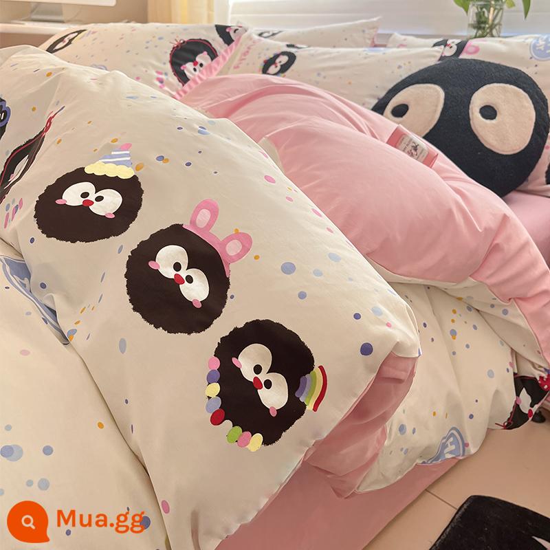 Bộ bốn mảnh giường cotton nguyên chất hoạt hình 100 cotton dễ thương Bộ đồ giường trẻ em ký túc xá sinh viên Khăn trải giường và vỏ chăn Bộ ba mảnh 4 - Đậu may mắn [100% cotton]