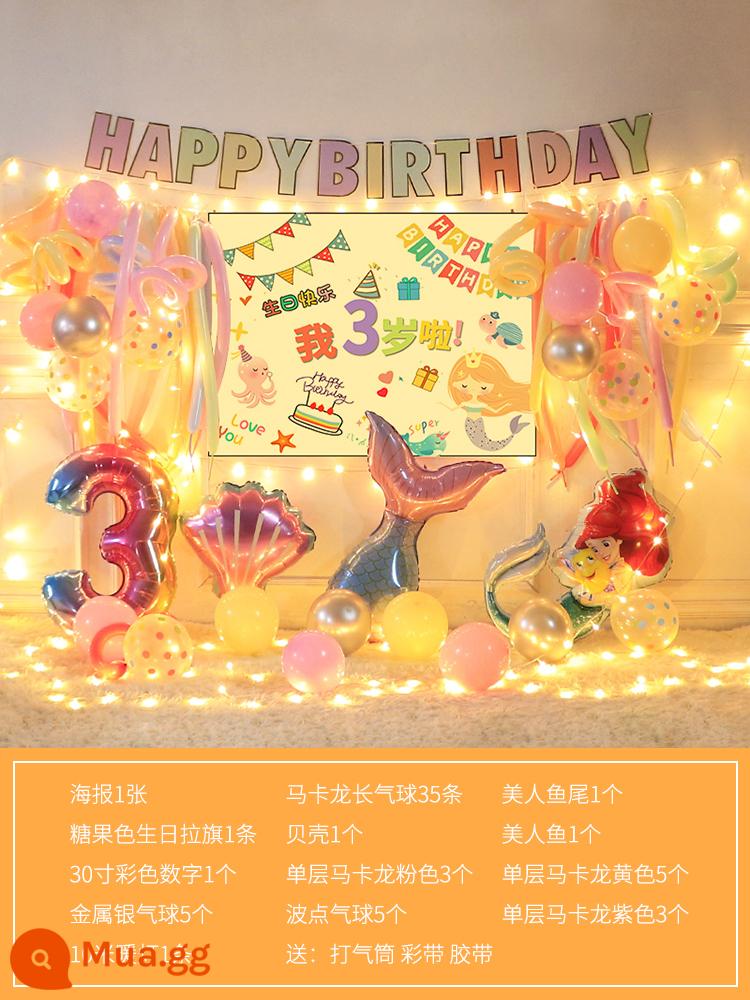 Bé một tuổi trẻ em Happy Birthday Party bóng trang trí cảnh bố trí cô gái nền tường nguồn cung cấp tiệc - (Poster Năm Cá) Macaron Bóng Dài Nàng Tiên Cá Set B+Số+Đèn