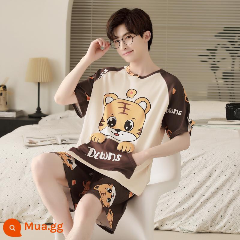 Bộ đồ ngủ nam cotton mùa hè tay ngắn hoạt hình trẻ trung mùa hè mỏng phần cotton phục vụ tại nhà phù hợp với sinh viên - Hổ bỏ túi N2034