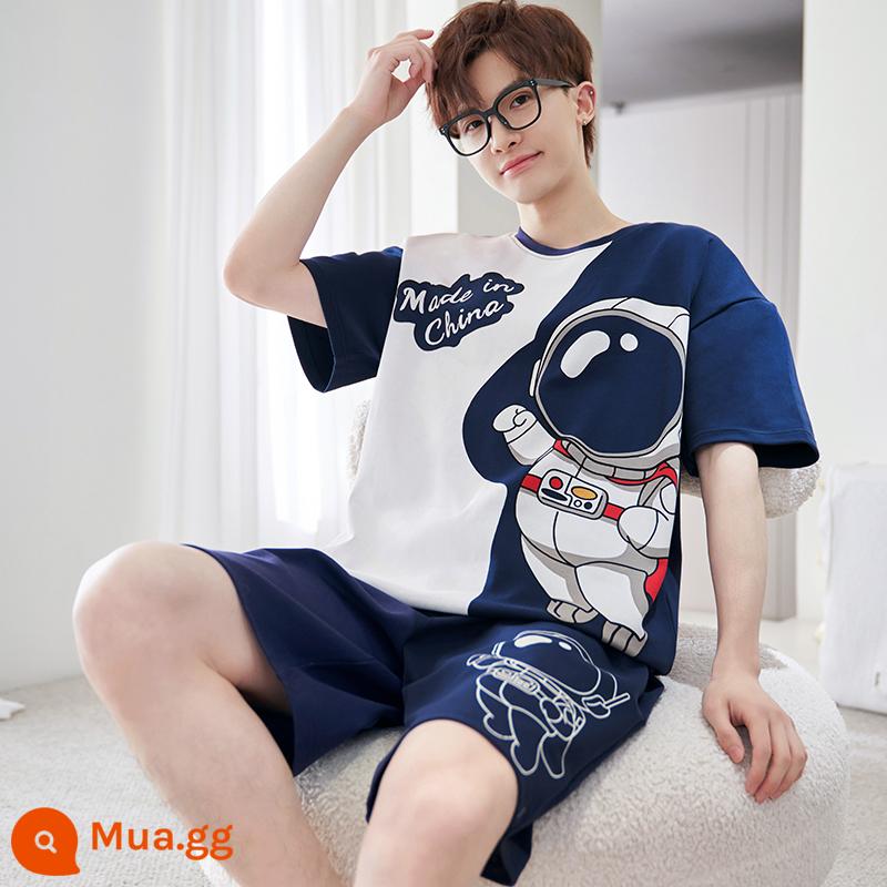 Bộ đồ ngủ nam cotton mùa hè tay ngắn hoạt hình trẻ trung mùa hè mỏng phần cotton phục vụ tại nhà phù hợp với sinh viên - D1398